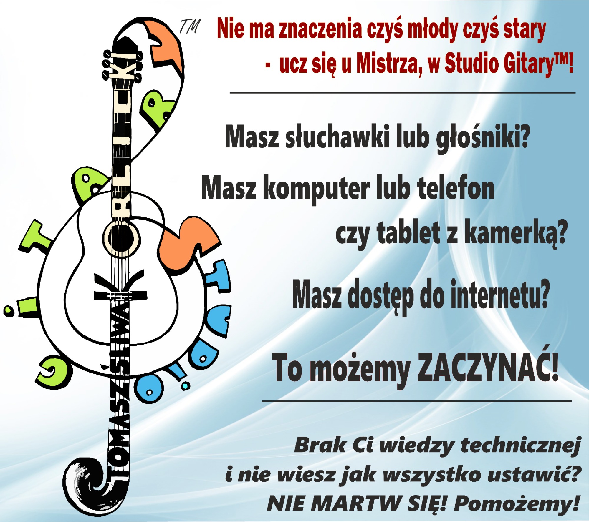 Grafika reklamowa studia gitary z gitarą stylizowaną na klucz wiolinowy i tekstem zachęcającym do nauki online.