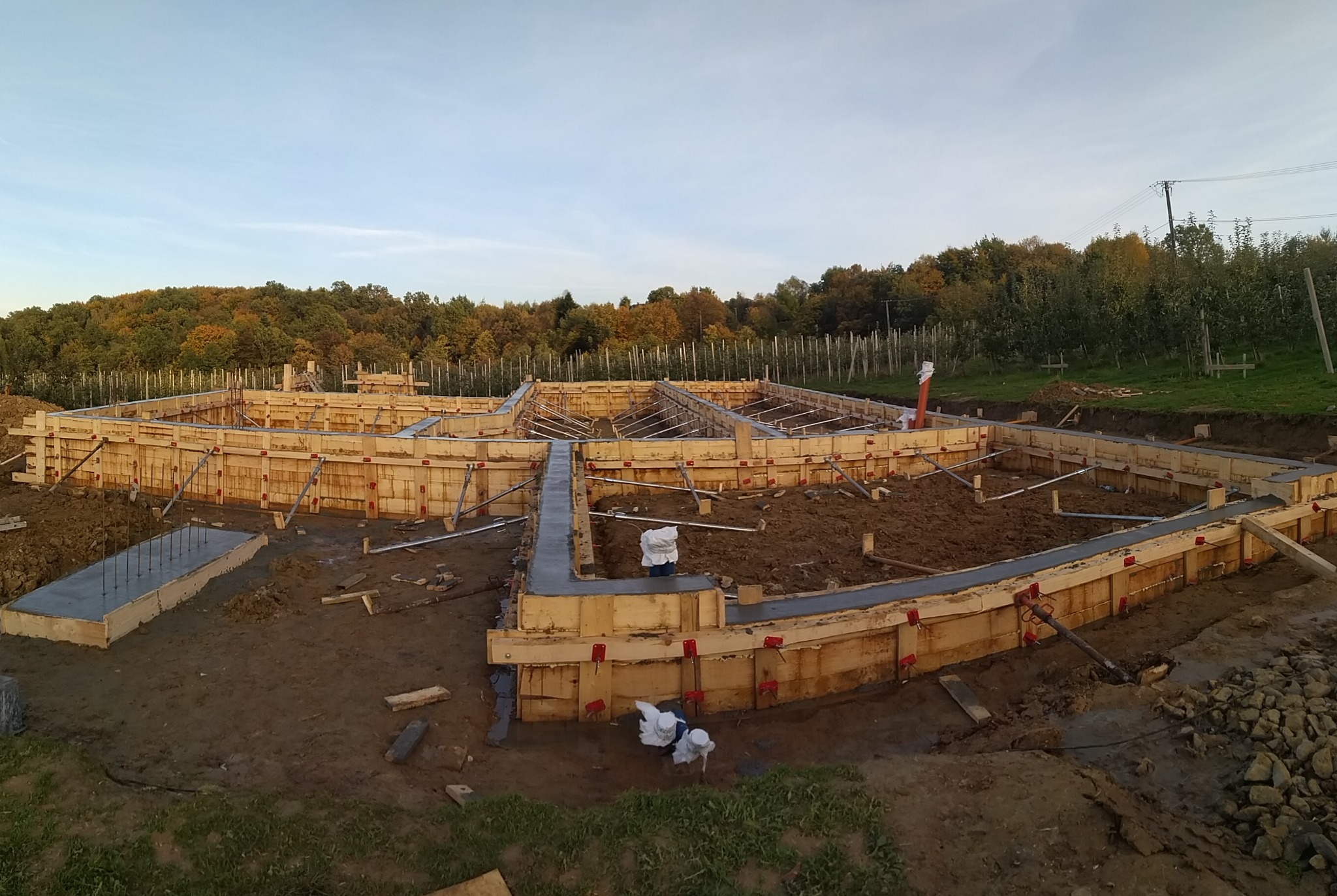 Szeroki kadr na drewniany szalunek fundamentów domu jednorodzinnego w trakcie budowy, z widocznymi zbrojeniami i częściowo wylanym betonem, tło: drzewa i błękitne niebo.