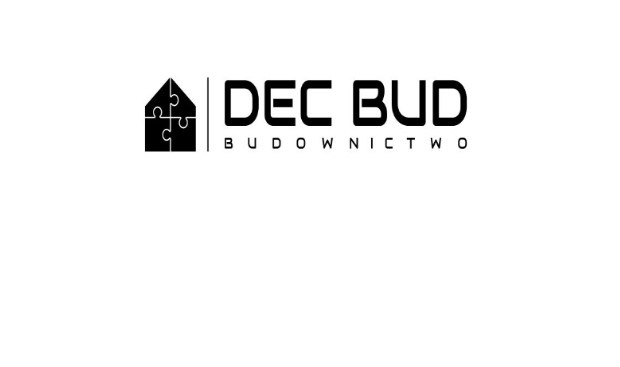 Logo firmy budowlanej DEC BUD z symbolem domu z puzzli i napisem 'BUDOWNICTWO' w czerni na białym tle.