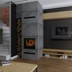 Nowoczesny salon z kominkiem obłożonym szarymi płytami, drewnianymi elementami dekoracyjnymi, schodami z rośliną doniczkową, ceglaną ścianą w tle oraz telewizorem wyświetlającym logo 'Game of...