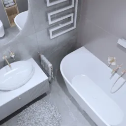 Nowoczesna łazienka w odcieniach szarości z białą armaturą i złotymi akcentami, widok z góry, Gdańsk. Minimalistyczny design z owalną umywalką nablatową, wanną i grzejnikiem drabinkowym.