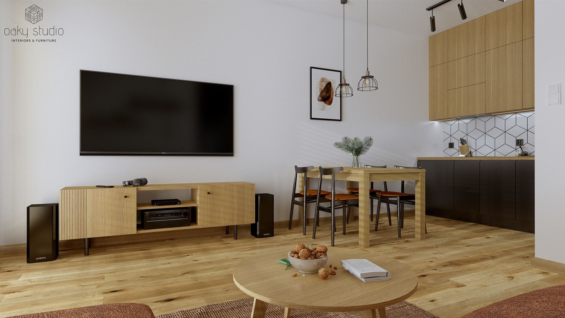 Jasne wnętrze salonu z drewnianą podłogą, telewizorem na ścianie, szafką RTV z pionowymi żłobieniami, okrągłym stolikiem kawowym z misą orzechów, stołem jadalnym z krzesłami i widoczną kuchnią...