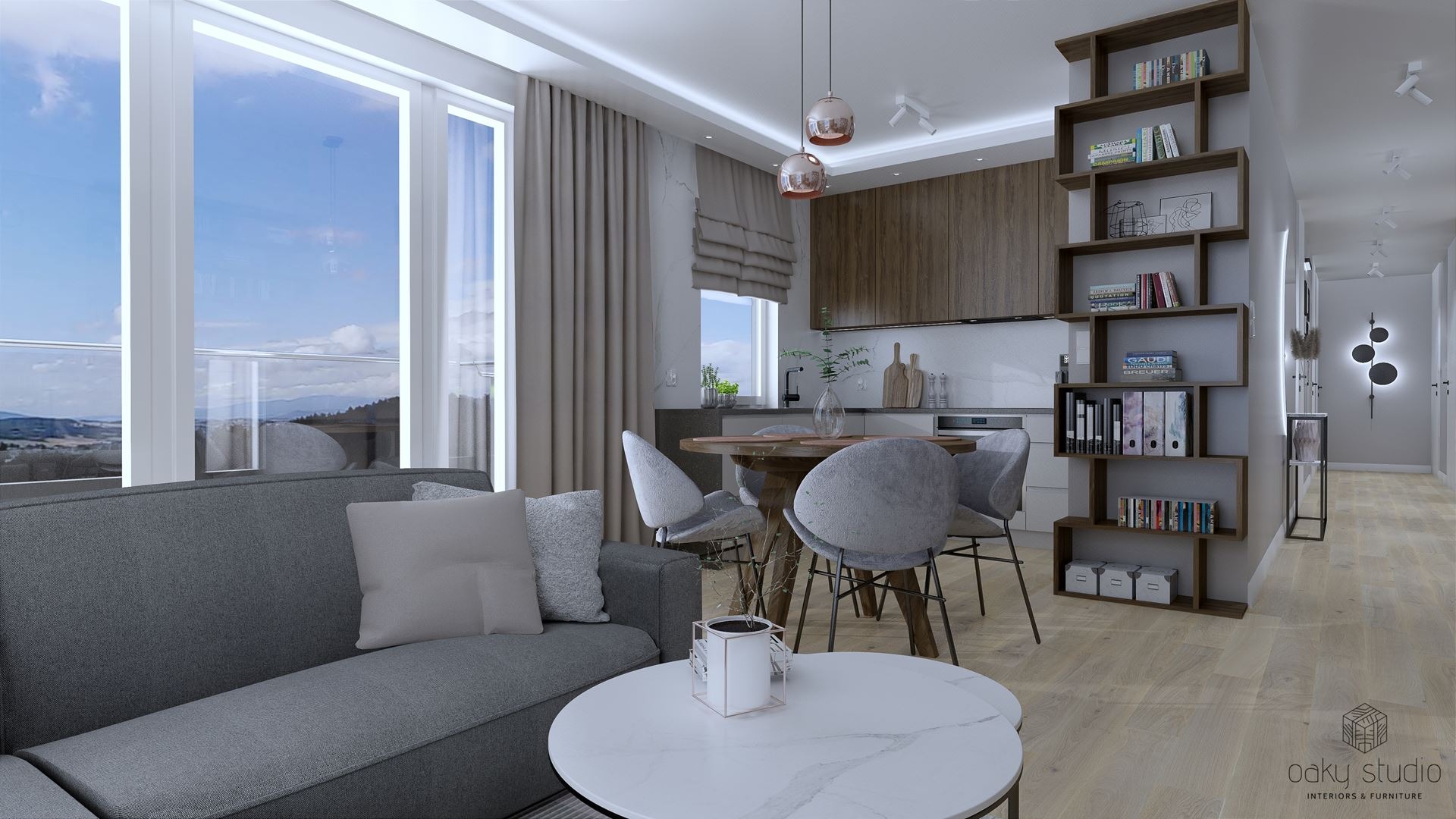 Wizualizacja salonu z aneksem kuchennym: szara sofa, okrągły stolik kawowy z marmurowym blatem, drewniany stół jadalny z szarymi krzesłami, zabudowa kuchenna z drewnianymi frontami, regał...