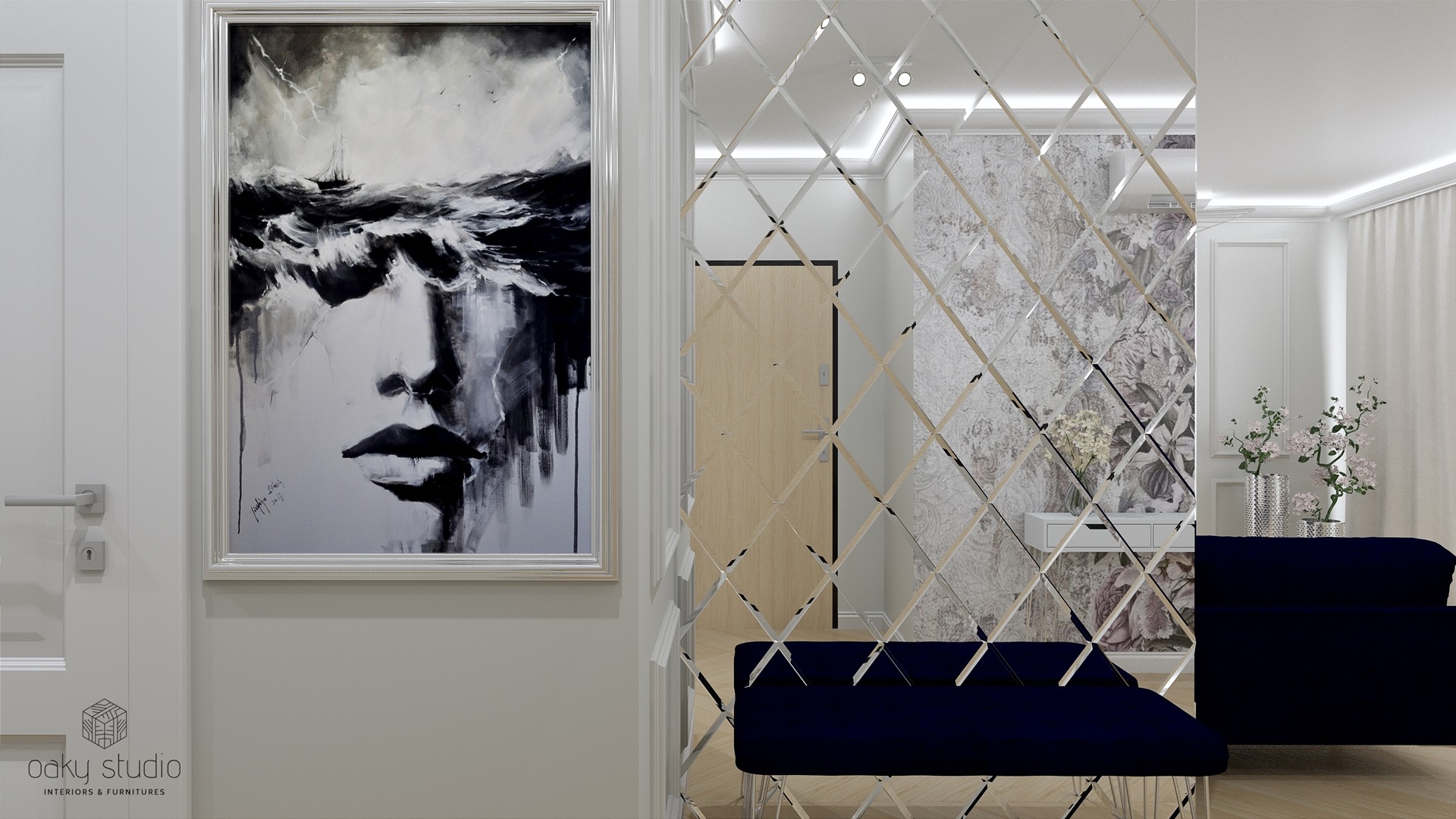 Nowoczesny przedpokój z abstrakcyjnym obrazem w srebrnej ramie, ścianą z lustrzanych rombów, tapetą w kwiaty i granatową ławką.