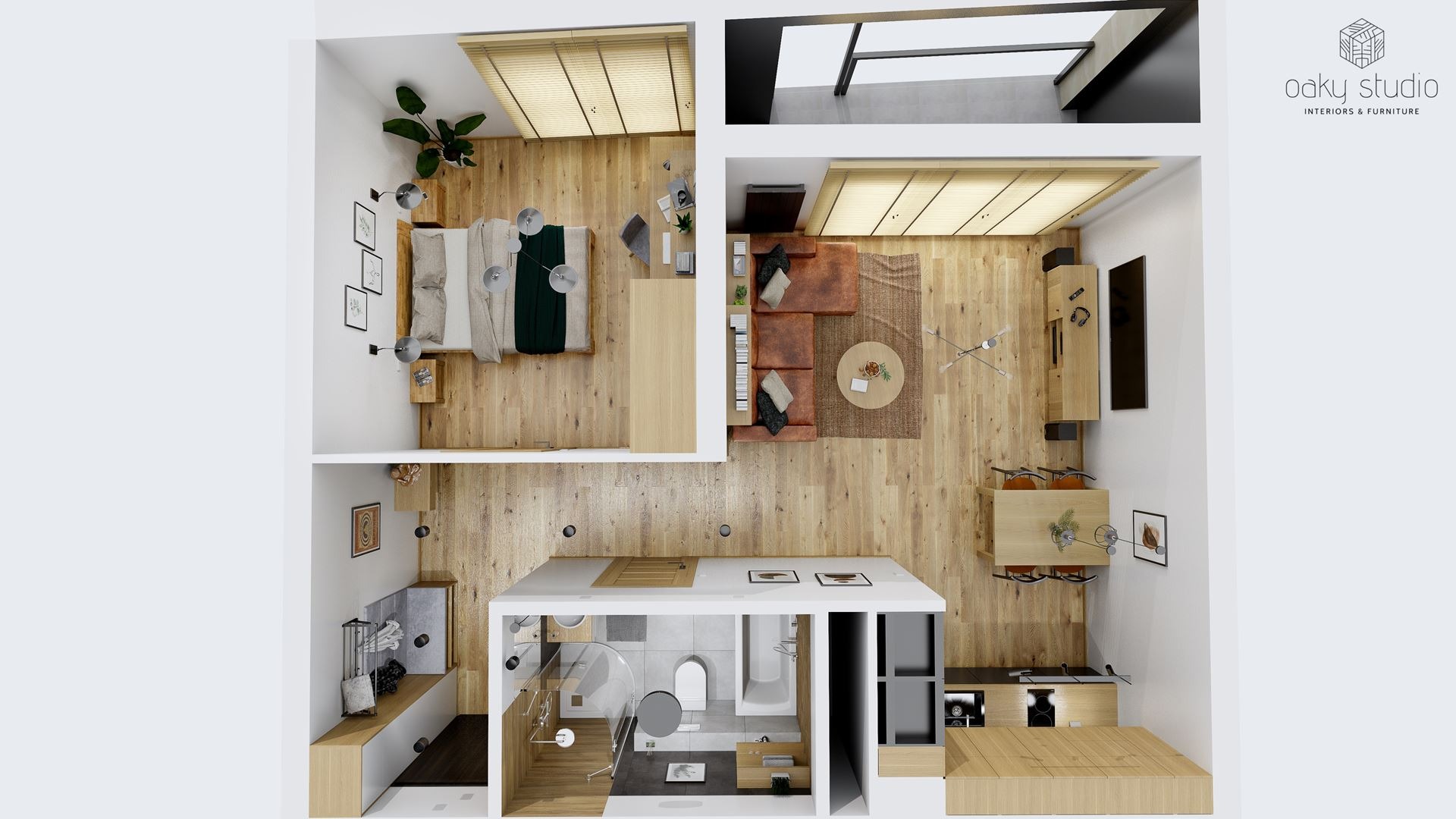 Widok z góry na plan mieszkania z drewnianą podłogą, obejmujący sypialnię z rośliną doniczkową, salon z brązową sofą narożną, kuchnię z białymi szafkami i łazienkę z kabiną prysznicową.