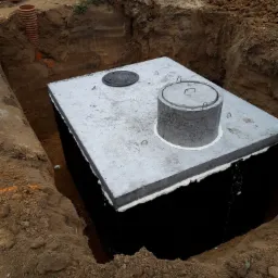Betonowy zbiornik, prawdopodobnie na szambo lub deszczówkę, umieszczony w wykopie, z widoczną izolacją i elementami przyłączeniowymi; w tle mężczyzna w szarej bluzie.