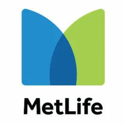Logo firmy MetLife z niebiesko-zielonym symbolem w kształcie litery M i czarnym napisem 'MetLife' poniżej, na białym tle.