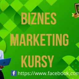 Grafika reklamowa z mężczyzną trzymającym niebieskiego laptopa, na zielonym tle z napisem 'Biznes Marketing Kursy' oraz logo firmy MariuszMerza i adresem do Facebooka.