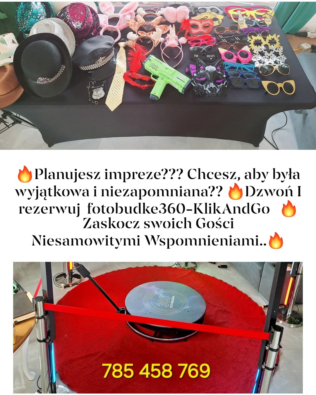 Akcesoria do zdjęć na stole, w tle platforma obrotowa 360 z czerwonym dywanem i numerem telefonu.