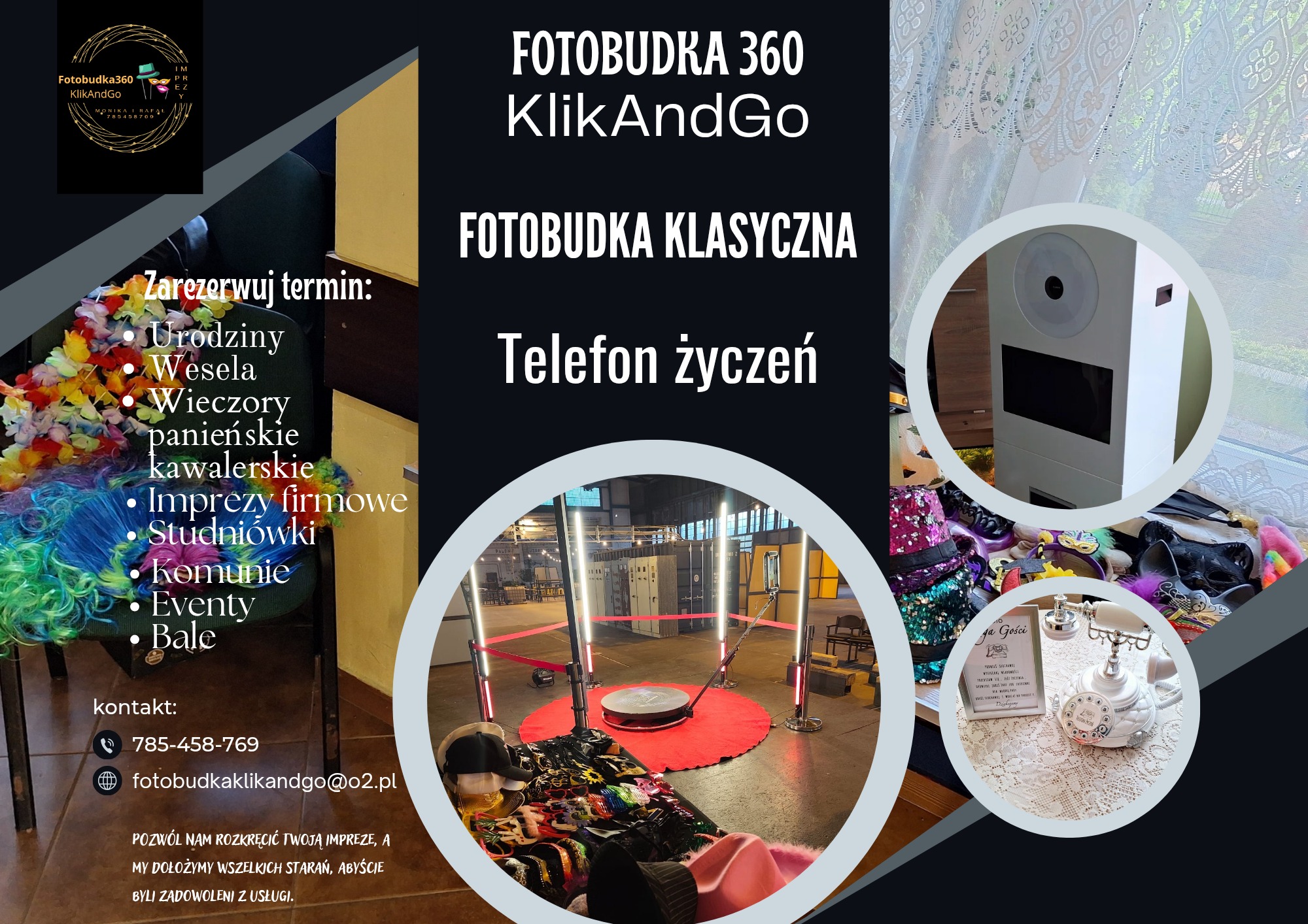 Kompozycja z ofertą fotobudki 360 i klasycznej, dekoracjami i rekwizytami na imprezy. Telefon życzeń. Lista imprez okolicznościowych. Dane kontaktowe.