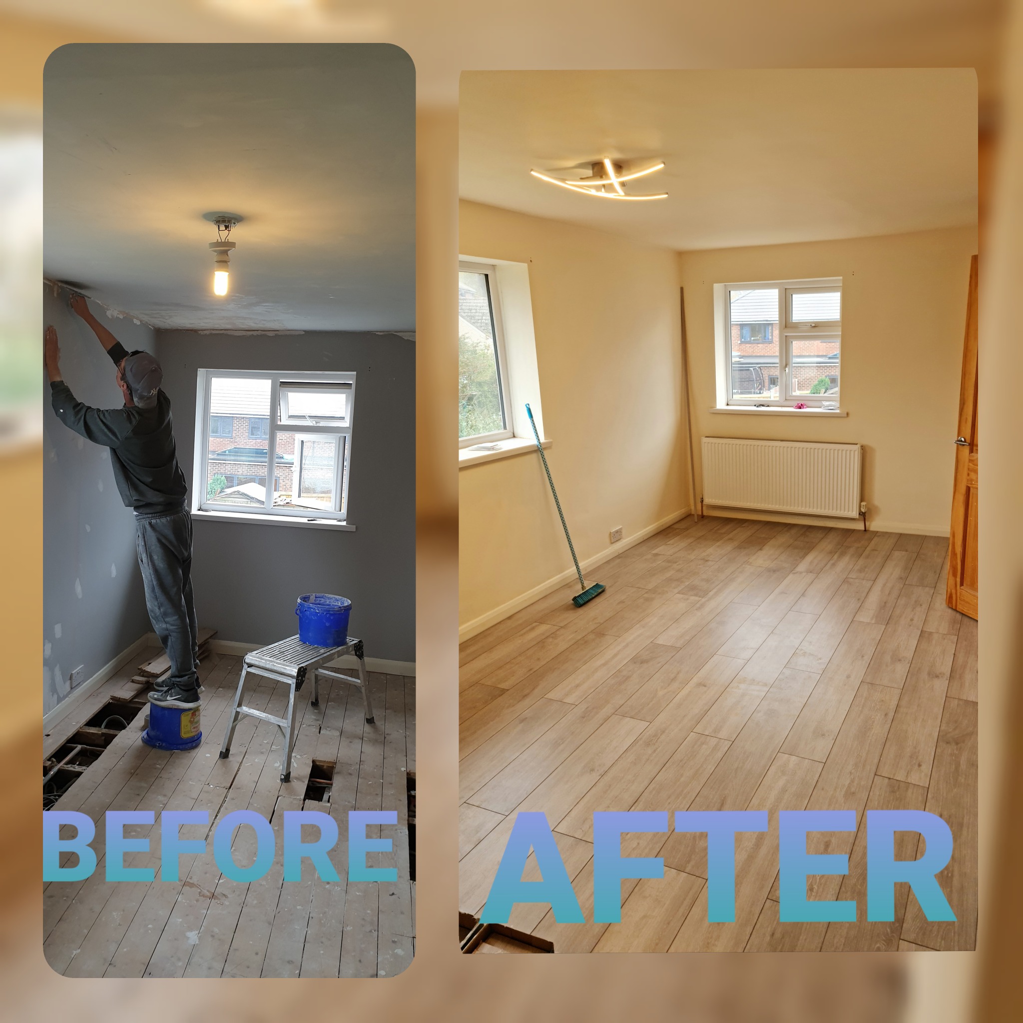 Porównanie 'przed' i 'po' remontu pokoju: po lewej szpachlowanie ścian przy oknie, odsłonięta podłoga, po prawej odmalowane ściany, nowe panele podłogowe i nowoczesna lampa sufitowa.