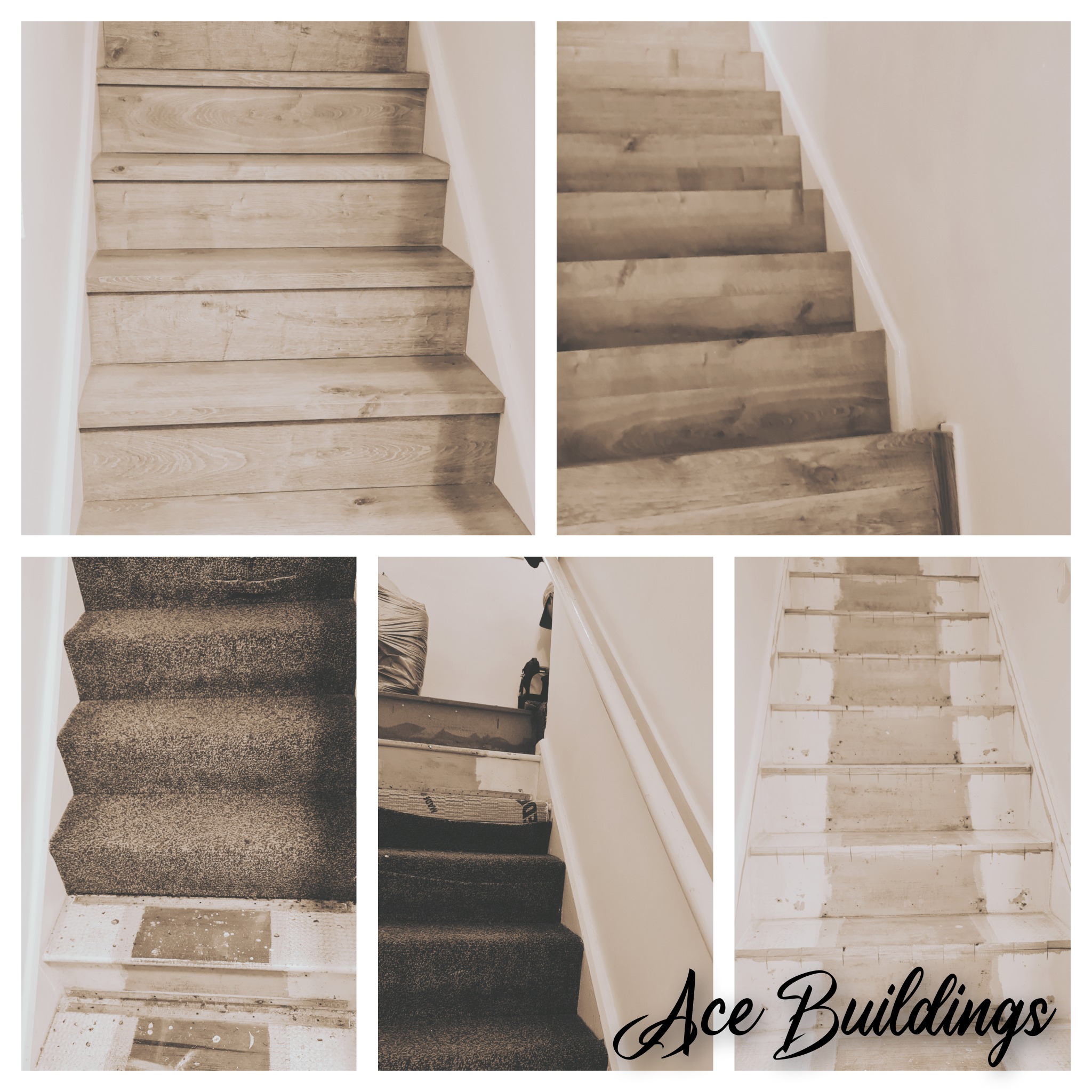Kolaż zdjęć przedstawiający etapy wymiany wykończenia schodów: od starej wykładziny dywanowej, przez przygotowanie podłoża, po nowe drewniane stopnie.
