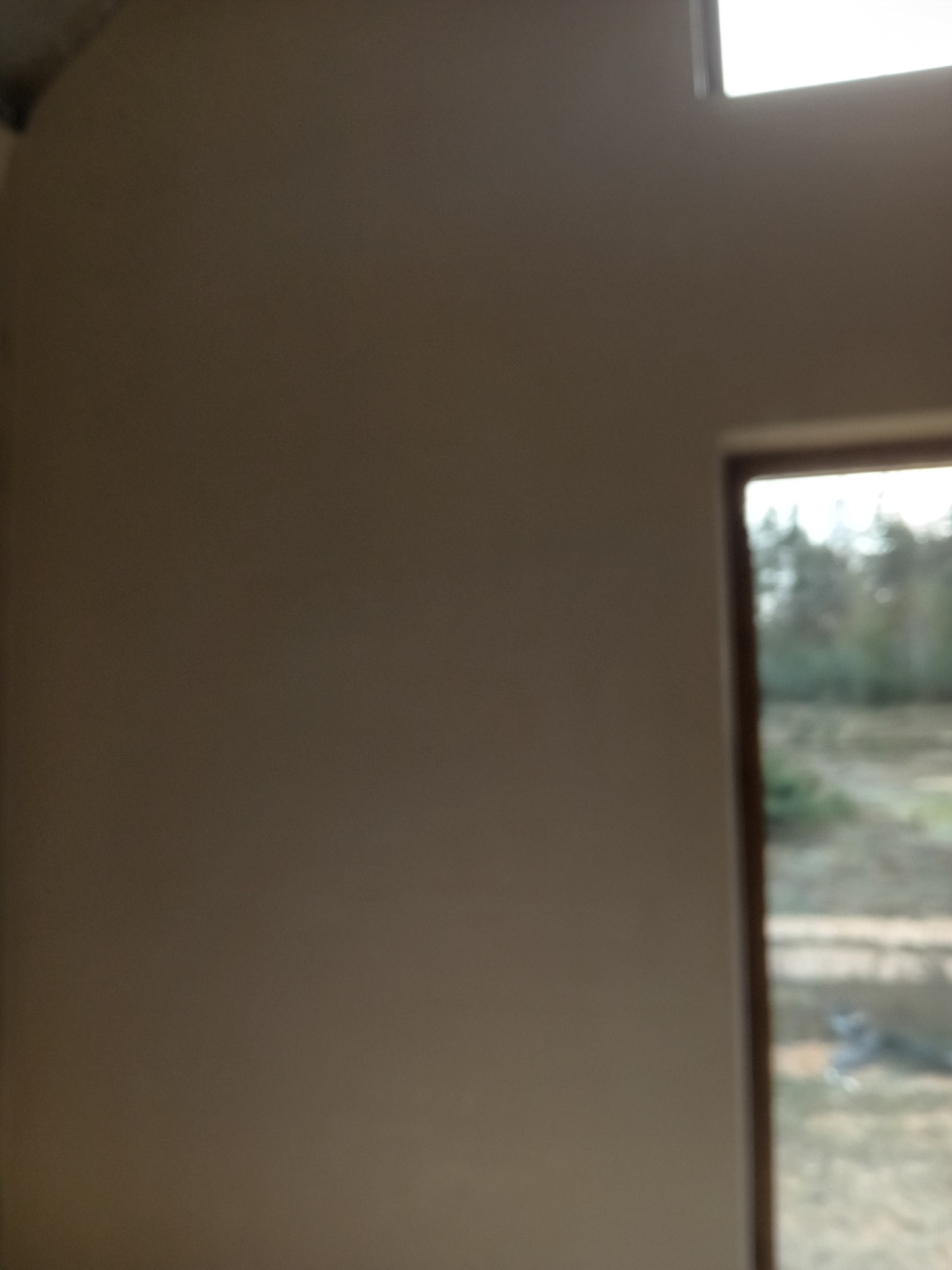 Świeżo położone, gładkie ściany wewnątrz budynku w Serskim Lesie, widok przez okno na zewnątrz, lekko rozmyte zdjęcie.