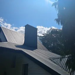 Dom z szarym dachem z blachy trapezowej i kominem, widok z dołu w słoneczny dzień z drzewami w tle.