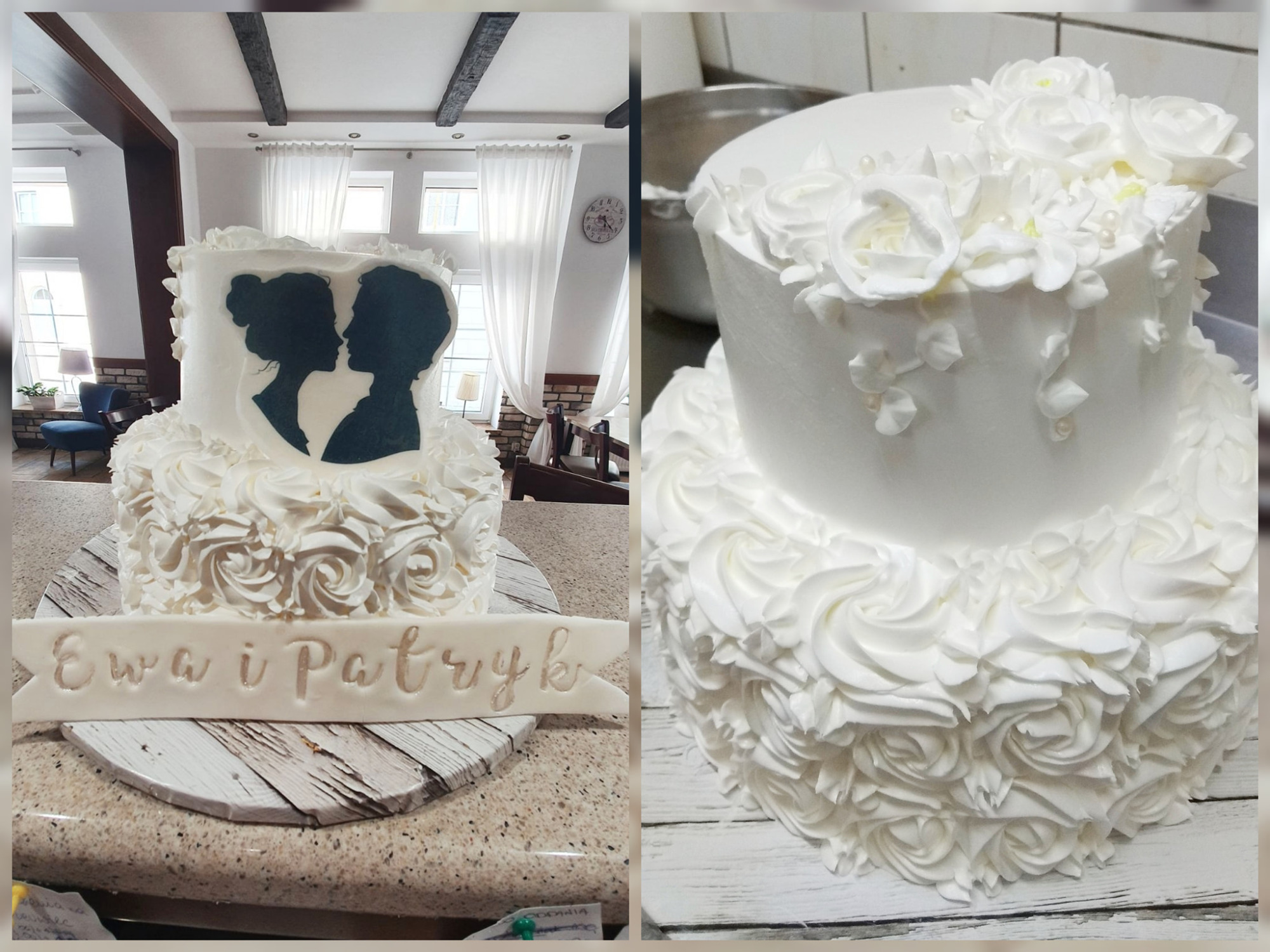 Dwupoziomowy tort weselny z białym kremem w kształcie różyczek, ozdobiony sylwetkami pary młodej i napisem 'Ewa i Patryk'.