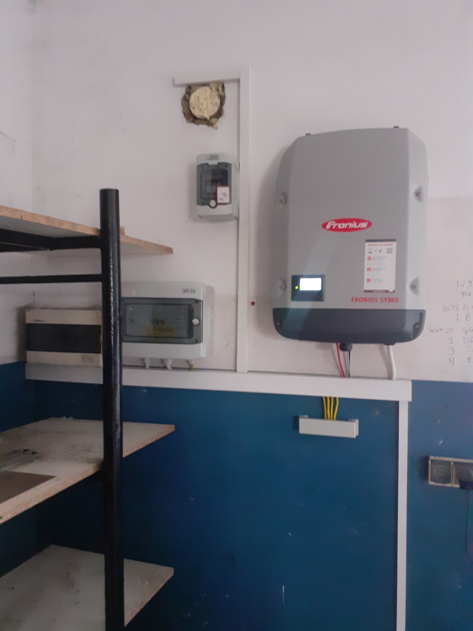 Szary inwerter Fronius Symo zamontowany na białej ścianie nad niebieską lamperią, widoczne okablowanie i skrzynki elektryczne, obok regał z półkami, w tle ślady po instalacjach.