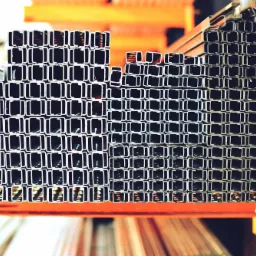 Stos metalowych profili kwadratowych ułożonych warstwami na pomarańczowym regale w magazynie.