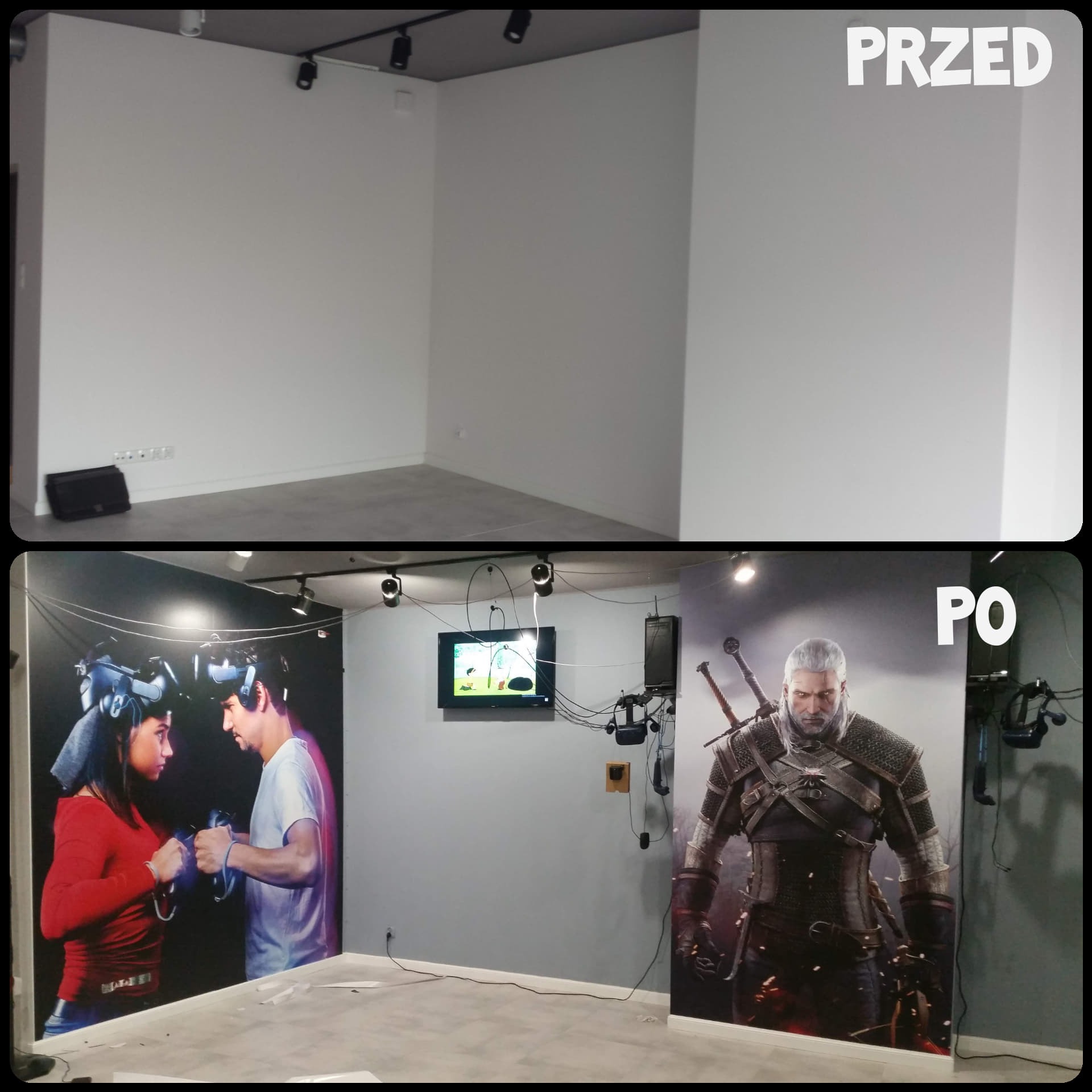 Porównanie pokoju VR przed i po: białe ściany zmienione na tapety z motywem gier, dodany telewizor i oświetlenie.