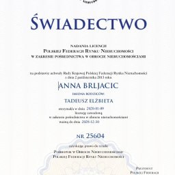 Licencja pośrednika nieruchomości nadana przez PFRN i  przedłużona do 2028.