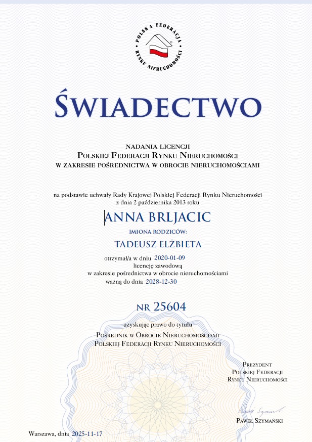 Licencja pośrednika nieruchomości nadana przez PFRN i przedłużona do 2028.