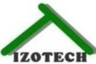 Grafika logo firmy IZOTECH z zielonym symbolem dachu nad nazwą, na białym tle.