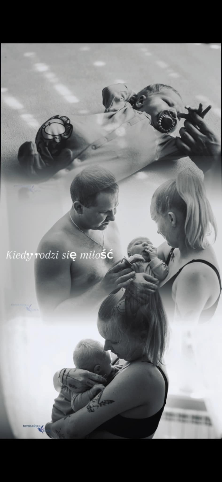 Czarno-biała kompozycja zdjęć: niemowlę z smoczkiem, rodzice trzymający dziecko, napis 'Kiedy rodzi się miłość'. Sesja noworodkowa w studiu fotograficznym.