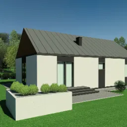 Wizualizacja nowoczesnego, parterowego domu z szarą, dwuspadową blachą na dachu, białymi ścianami i czarnymi akcentami, otoczonego zielonym trawnikiem i dekoracyjnymi krzewami.