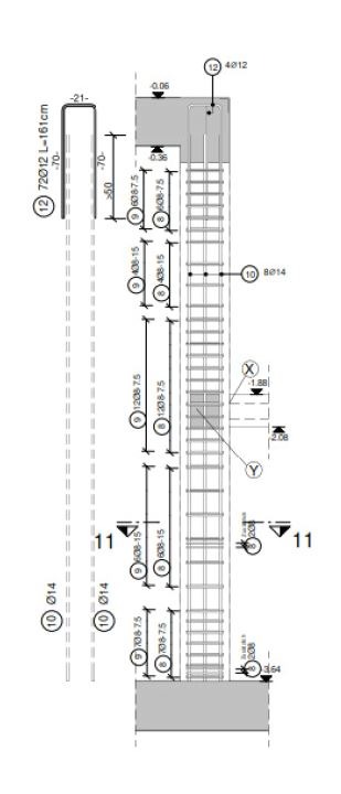 Schemat zbrojenia słupa żelbetowego z wymiarami i oznaczeniami, widok przekroju pionowego.
