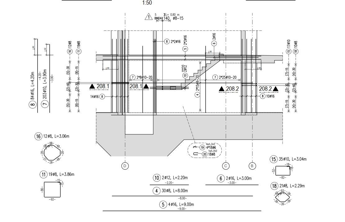 Rzut przekroju konstrukcji żelbetowej z detalami zbrojenia, wymiarami i oznaczeniami elementów.