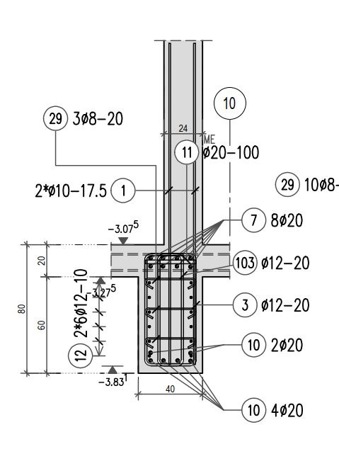 Techniczny rysunek detalu konstrukcyjnego żelbetowego słupa z fundamentem, przedstawiający zbrojenie i wymiarowanie.
