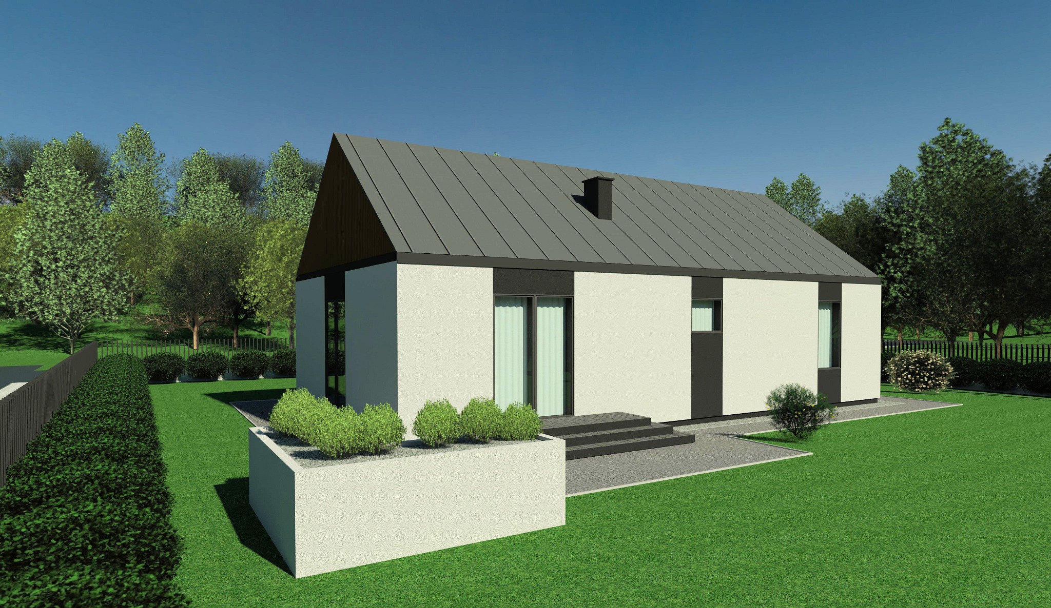 Wizualizacja nowoczesnego, parterowego domu z szarą, dwuspadową blachą na dachu, białymi ścianami i czarnymi akcentami, otoczonego zielonym trawnikiem i dekoracyjnymi krzewami.
