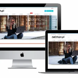 Responsywna strona internetowa netman.pl wyświetlana na iMacu, MacBooku, tablecie i smartfonie; kobieta siedzi na schodach z laptopem w tle.