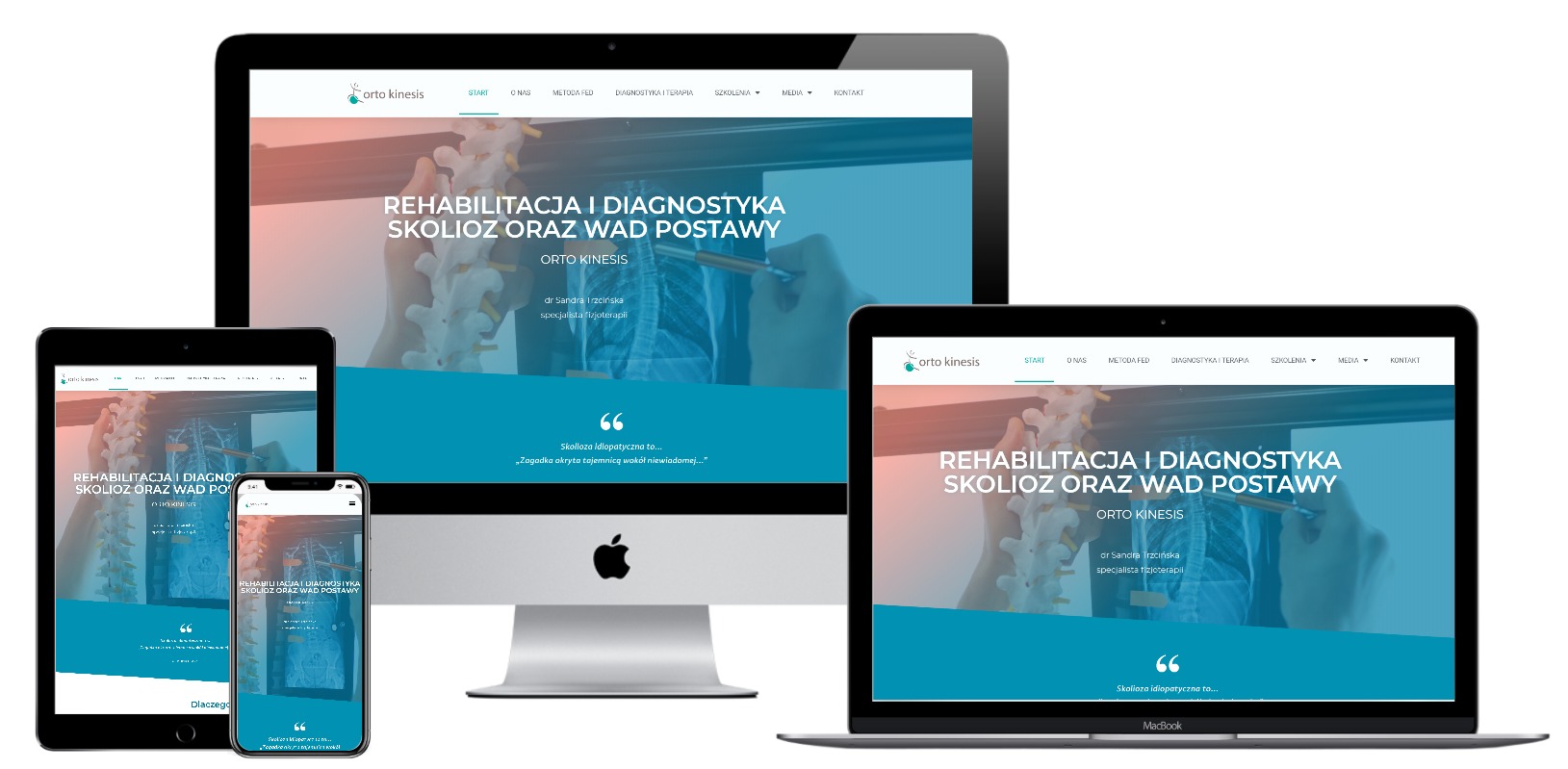 Responsywna strona internetowa na różnych urządzeniach: monitorze, laptopie, tablecie i smartfonie, prezentująca ofertę rehabilitacji i diagnostyki skolioz oraz wad postawy.
