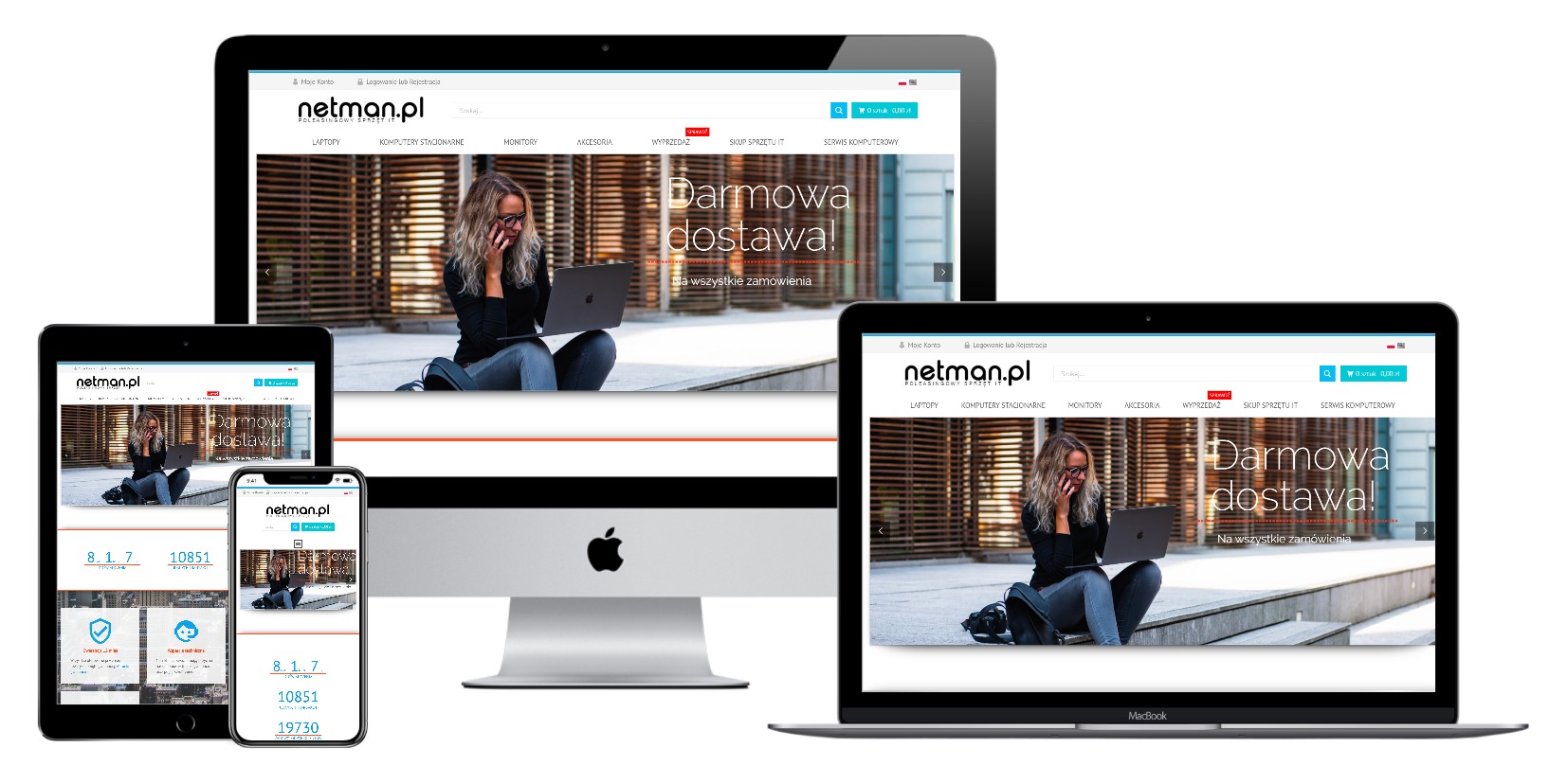Responsywna strona internetowa netman.pl wyświetlana na iMacu, MacBooku, tablecie i smartfonie; kobieta siedzi na schodach z laptopem w tle.