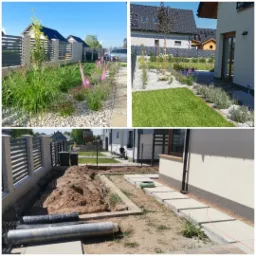 Kompozycja trzech ujęć ogrodu: gotowa rabata z ozdobnymi trawami i kamieniami, trawnik z obrzeżami i rabatami z białym grysem oraz wykop pod instalację, widoczna geowłóknina w rolkach.