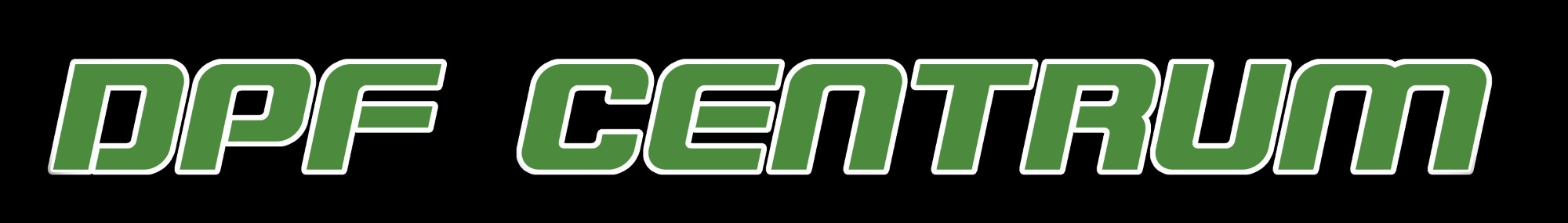 Zielony napis DPF CENTRUM z białą obwódką na czarnym tle, logo firmy specjalizującej się w filtrach cząstek stałych.