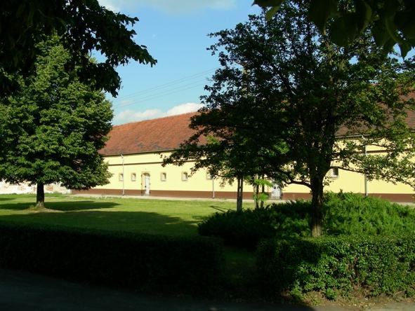 Żółty budynek magazynowy z czerwonym dachem, otoczony zielonym trawnikiem i drzewami, widziany zza krzewów.