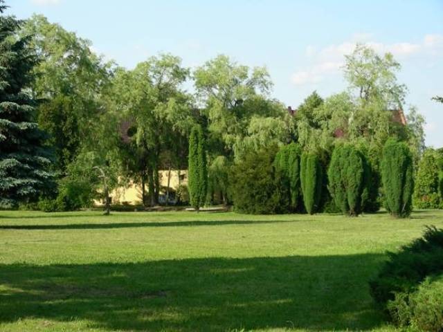 Rozległy, zielony trawnik przed budynkiem otoczonym drzewami iglastymi i liściastymi, tworzącymi naturalną barierę. W tle widoczny fragment budynku o żółtej elewacji i czerwonym dachu.