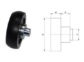 Czarny element obrotowy z metalowym trzpieniem na tle schematu technicznym z wymiarami.