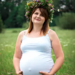 Portret uśmiechniętej kobiety w ciąży, trzymającej dłonie na brzuchu, z wiankiem z polnych kwiatów na głowie, w naturalnym plenerze z zieloną łąką w tle.