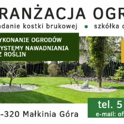 Baner reklamowy firmy Dan Garden oferującej kompleksowe wykonanie ogrodów, automatyczne systemy nawadniania, trawniki oraz rośliny, układanie kostki brukowej i szkółkę drzew i krzewów, z przykładem...