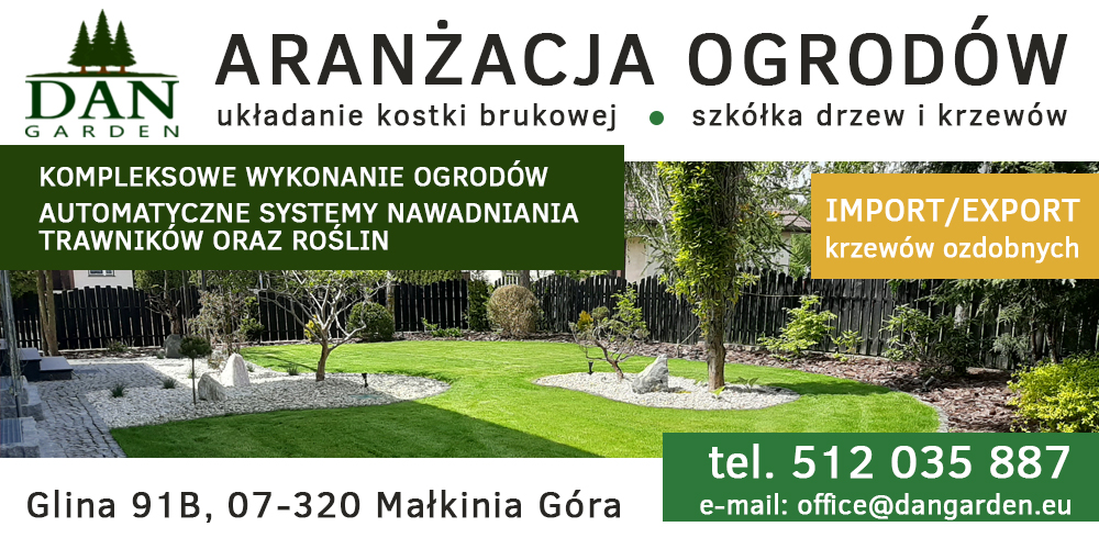 Baner reklamowy firmy Dan Garden oferującej kompleksowe wykonanie ogrodów, automatyczne systemy nawadniania, trawniki oraz rośliny, układanie kostki brukowej i szkółkę drzew i krzewów, z przykładem...