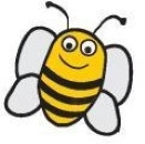 Uśmiechnięta, rysunkowa pszczoła z czarnymi paskami i białymi skrzydłami, unosząca się w powietrzu.