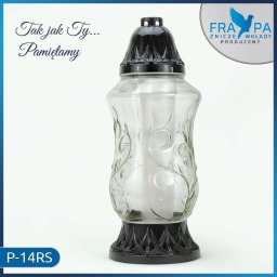 FRAPA Producent Zniczy i Wkładów | Dekoracje wnętrz | Boże Narodzenie | Wielkanoc - Szklany znicz z czarną plastikową podstawą i pokrywą, model P-14RS, oferowany w Koźminku, z delikatnym wzorem roślinnym na szkle i logo producenta w prawym górnym rogu.