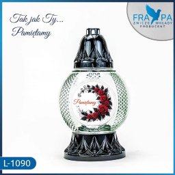Znicz szklany L-1090 z ozdobnym, szklanym frontem, na którym umieszczono eleganckie grafiki czerwonych róż oraz napis „Pamiętamy”.
https://frapa.com.pl/znicz-szklany-l-1090