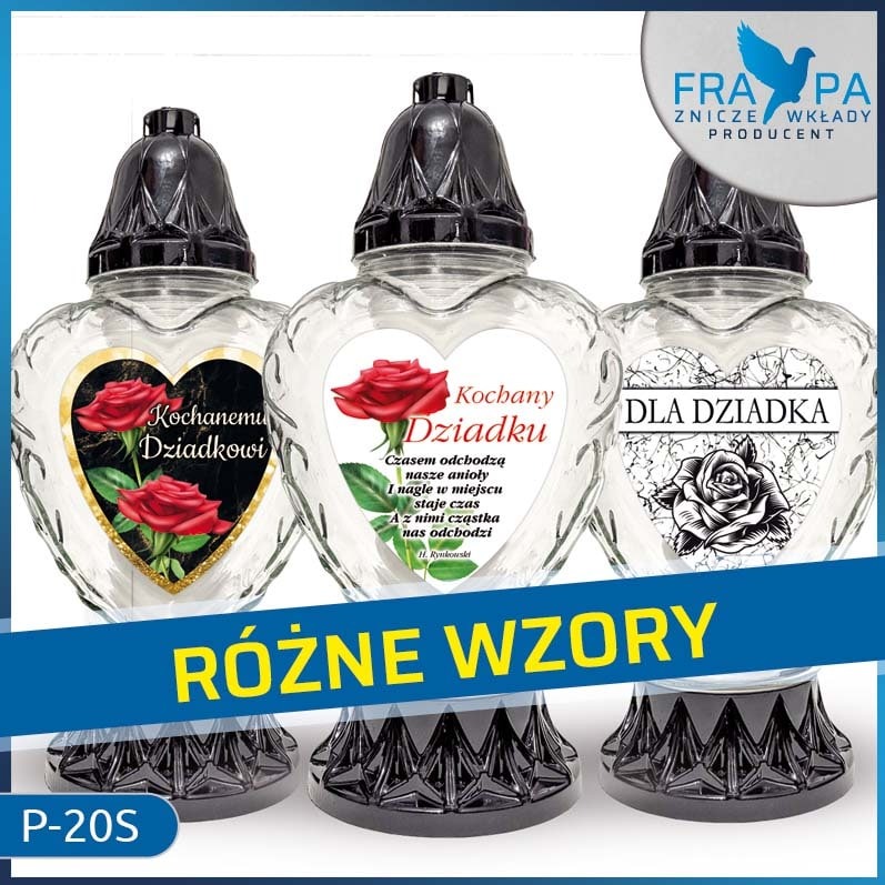 Trzy szklane znicze okolicznościowe w kształcie serca z różnymi wzorami dedykacji dla dziadka, prezentowane na białym tle z niebieskim paskiem informacyjnym 'Różne wzory' i oznaczeniem modelu 'P-20S'.