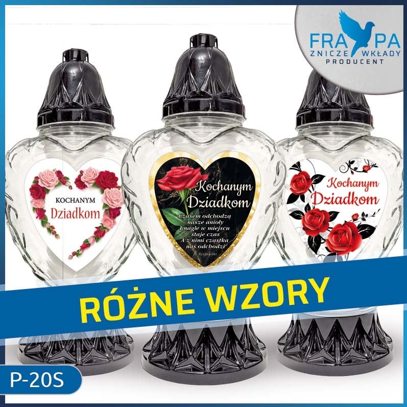 Znicz okolicznościowy P-20S o kształcie serca, ozdobiony naklejką z dedykacjami 'Kochanym Dziadkom'.