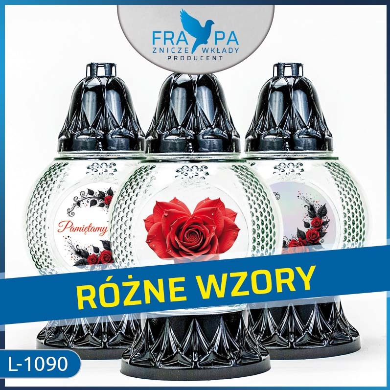 Szklane znicze L-1090 z motywem czerwonych róż i napisem 'Pamiętamy', prezentowane w różnych wariantach graficznych. Wysokość 23 cm.