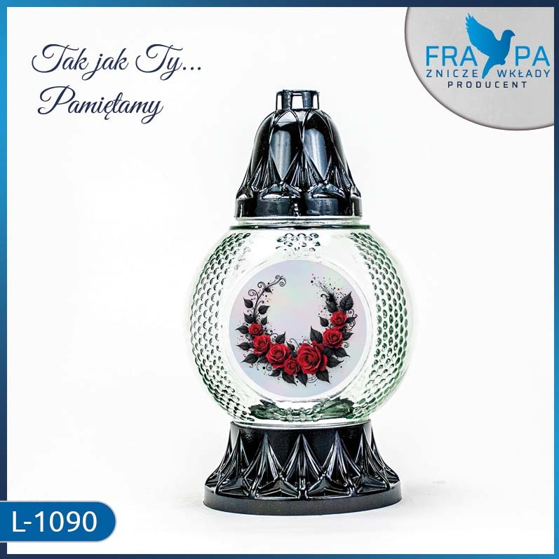 Szklany znicz FRA-PA L-1090 z motywem czerwonych róż, elegancki i ozdobny, na białym tle. Widoczny napis 'Tak jak Ty... Pamiętamy'.