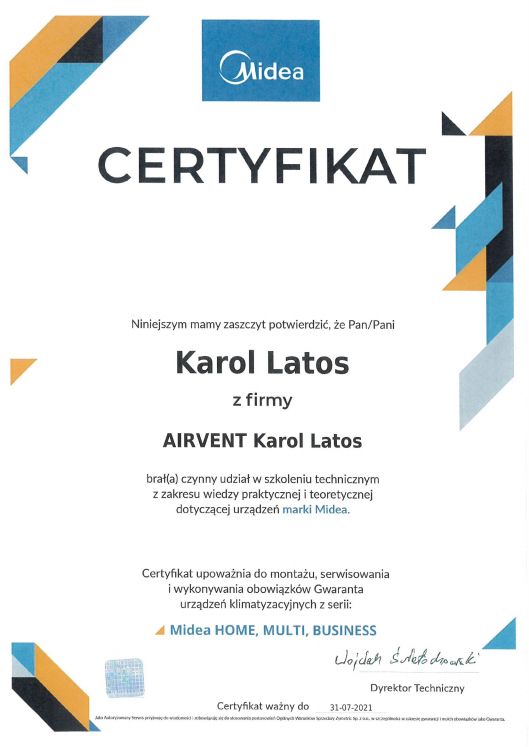 Certyfikat firmy AIRVENT Karol Latos, potwierdzający udział w szkoleniu technicznym marki Midea, uprawniający do montażu i serwisowania klimatyzacji Midea Home, Multi, Business, ważny do 31-07-2021.
